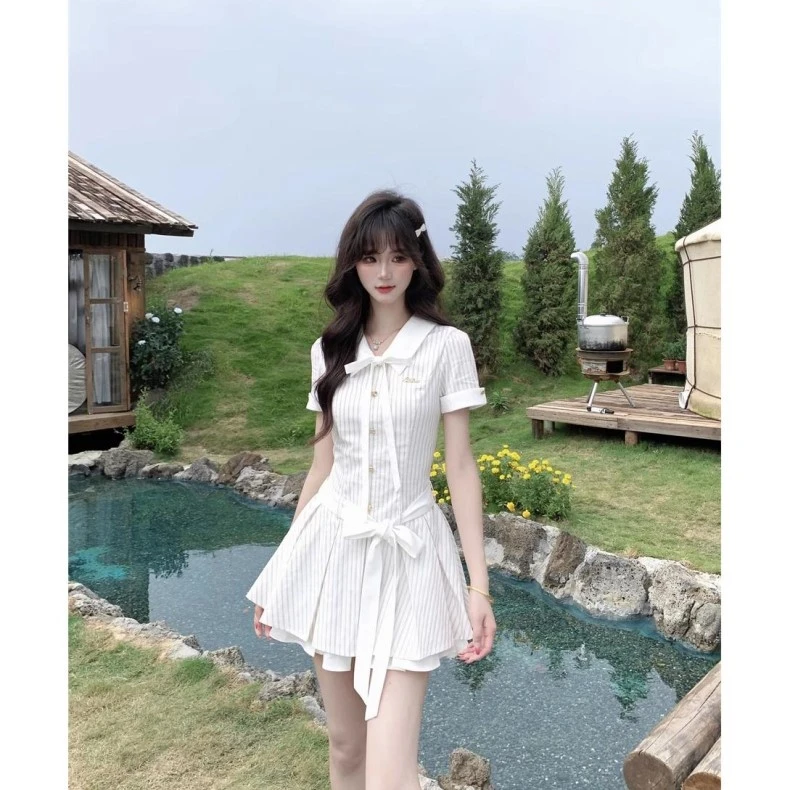 韩系学院甜美时尚减龄条纹衬衫连衣裙女夏季新款绑带收腰显瘦短裙