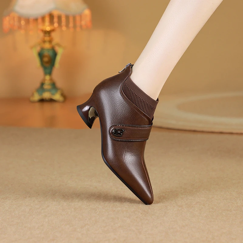 早春新款裸靴/牛皮/33-41/8989尖头粗跟真皮女鞋高跟蝴蝶结皮鞋女