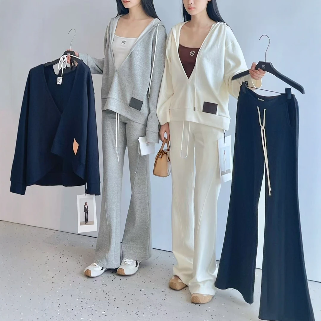 现货【OD深V连帽卫衣裤子】2025秋季套头休闲卫衣套装针织长裤女