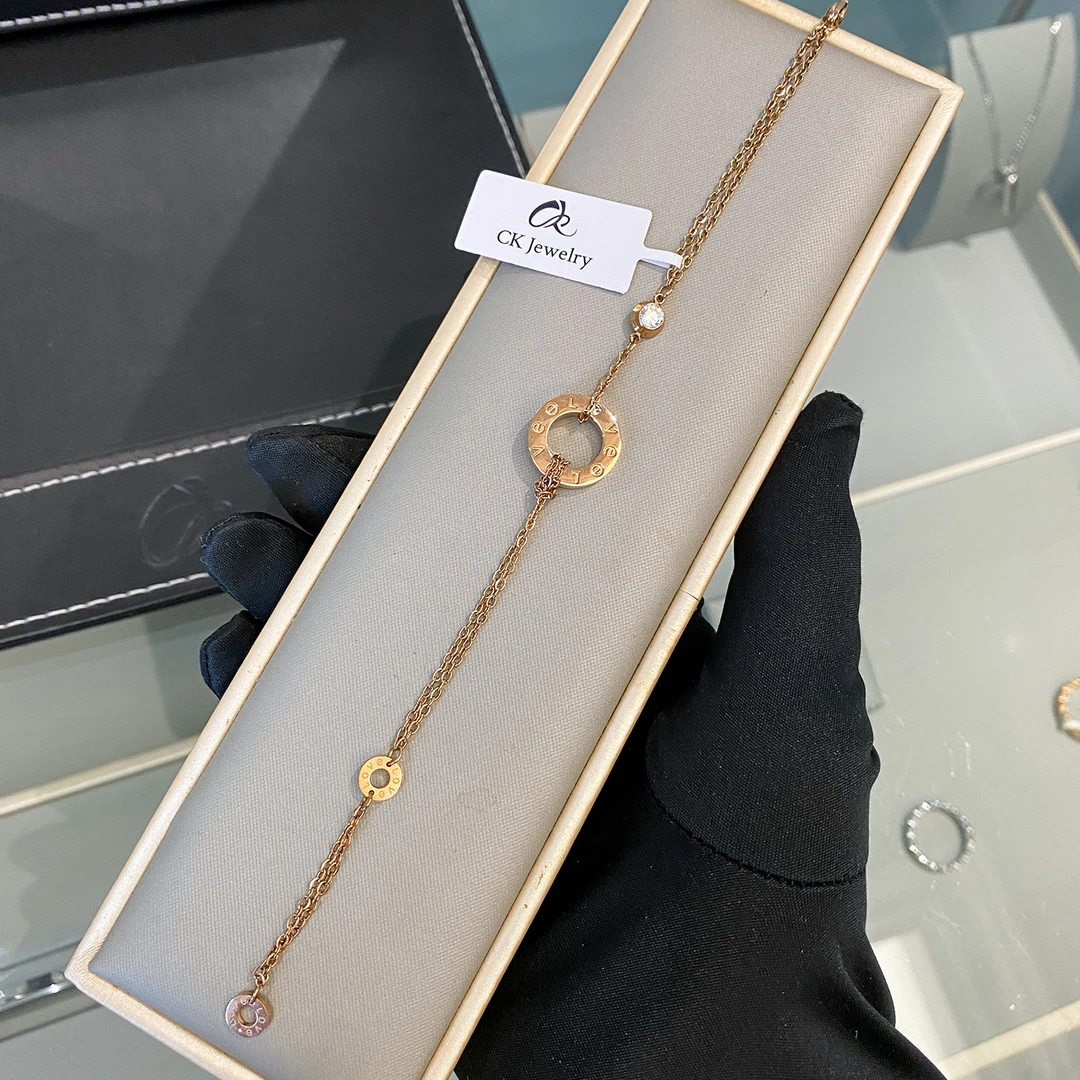 钛钢合成锆石手链 玫瑰金色  LOVE圆环镶钻双链手链B1398