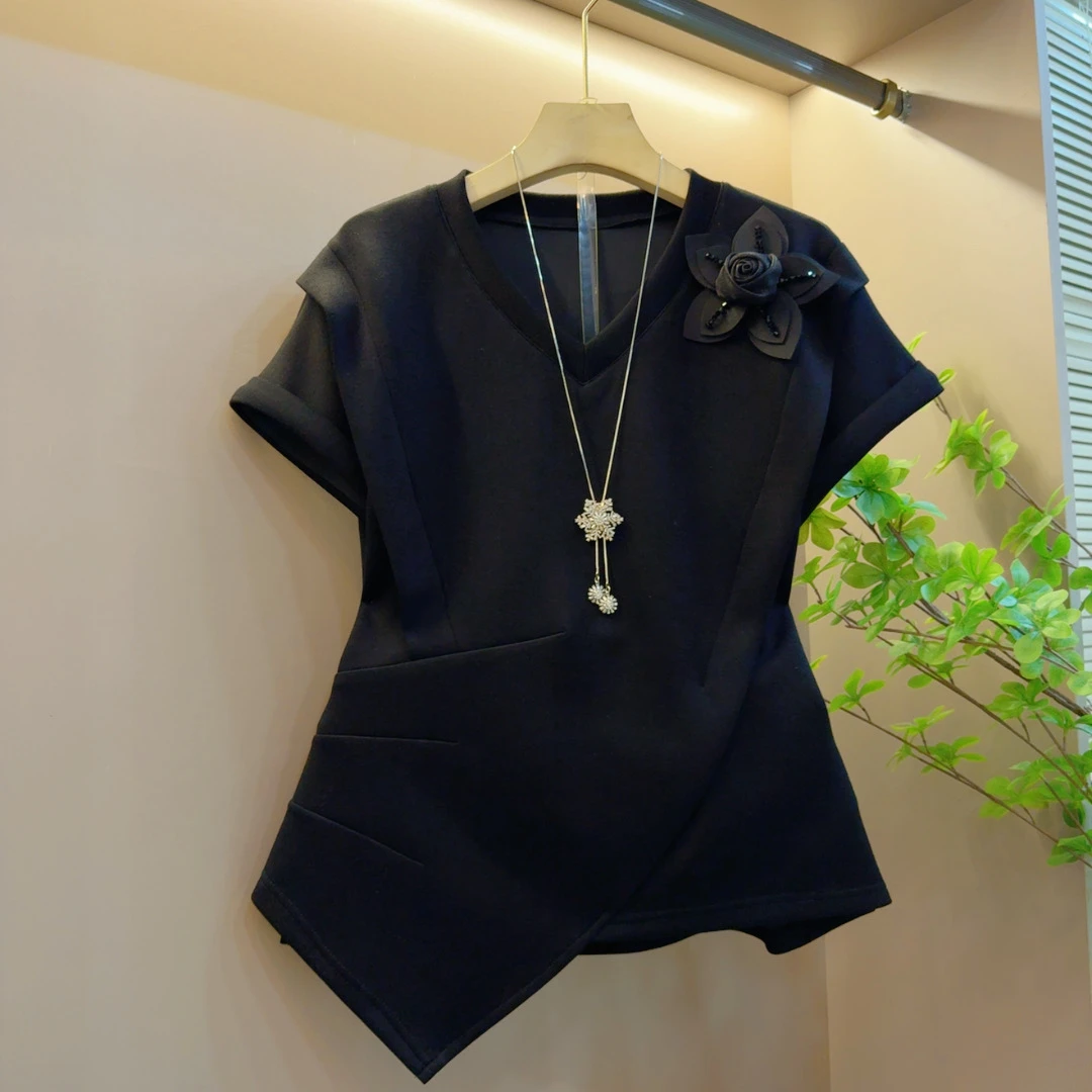 2025夏季新款百搭时尚休闲显瘦洋气V领不规则大花上衣（长57左右