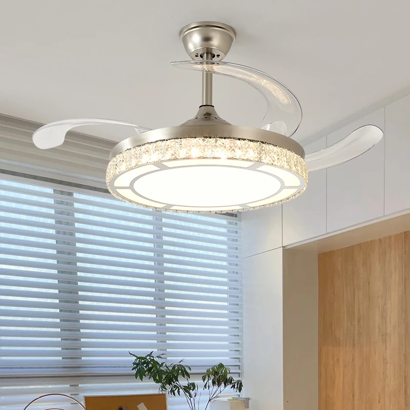 轻奢水晶餐厅灯风扇灯隐形静音卧室电扇灯现代简约家用饭厅吊扇灯