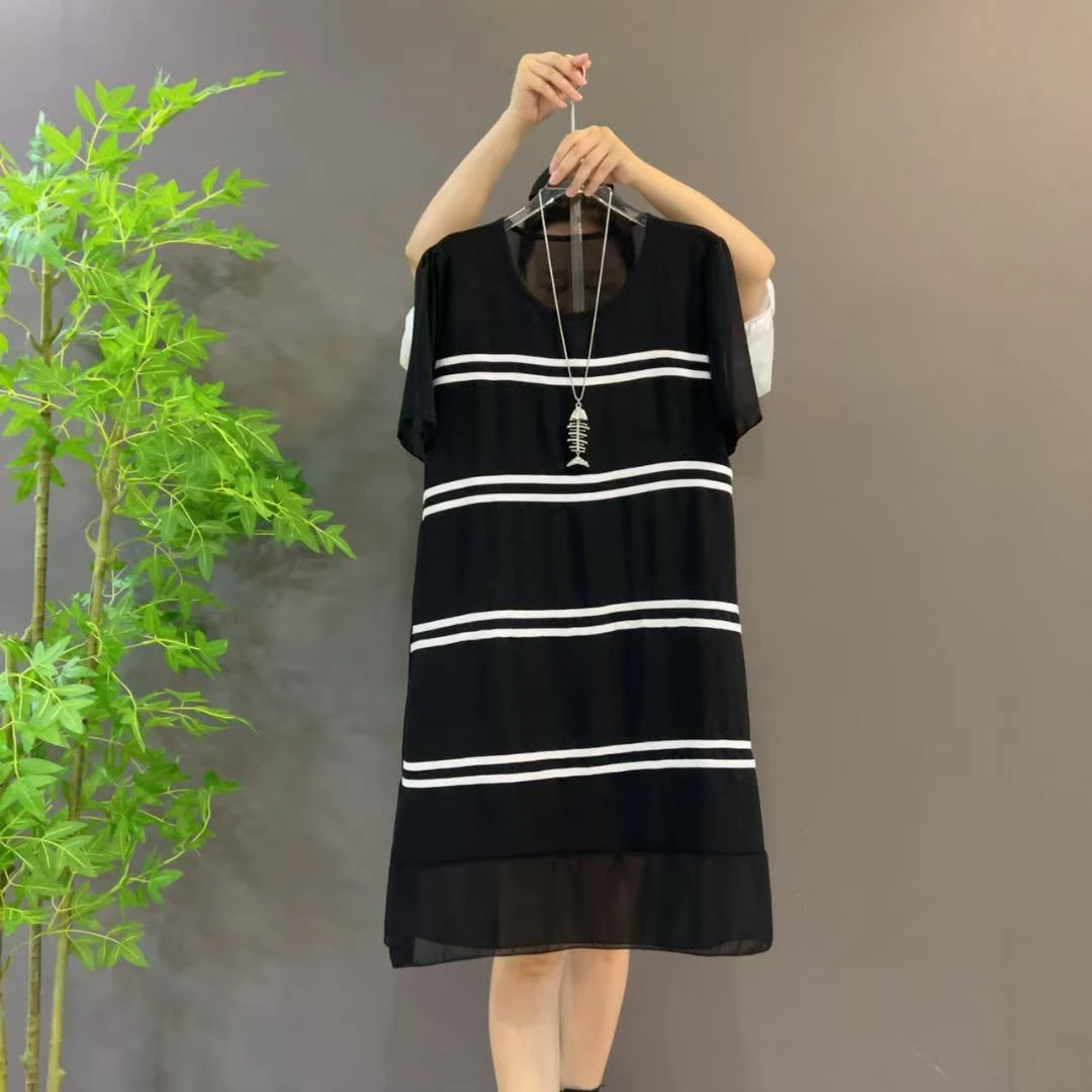 8106夏季轻奢洋气韩版简约撞色条纹拼接宽松连衣裙显瘦大码女装