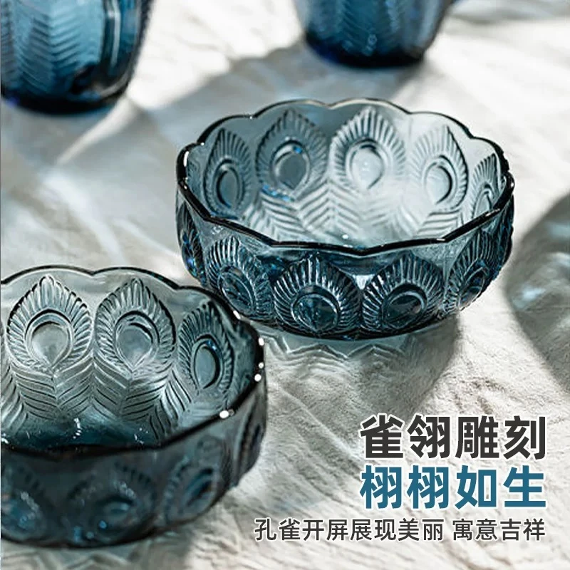 拍一发二轻奢通透蓝色孔雀碗蓝色手工雕刻小号