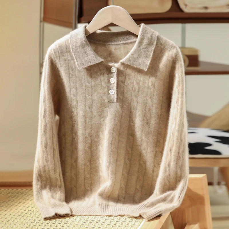 2025新款秋冬纯羊毛翻领针织衫长袖扭花纯色套头男女童装休闲