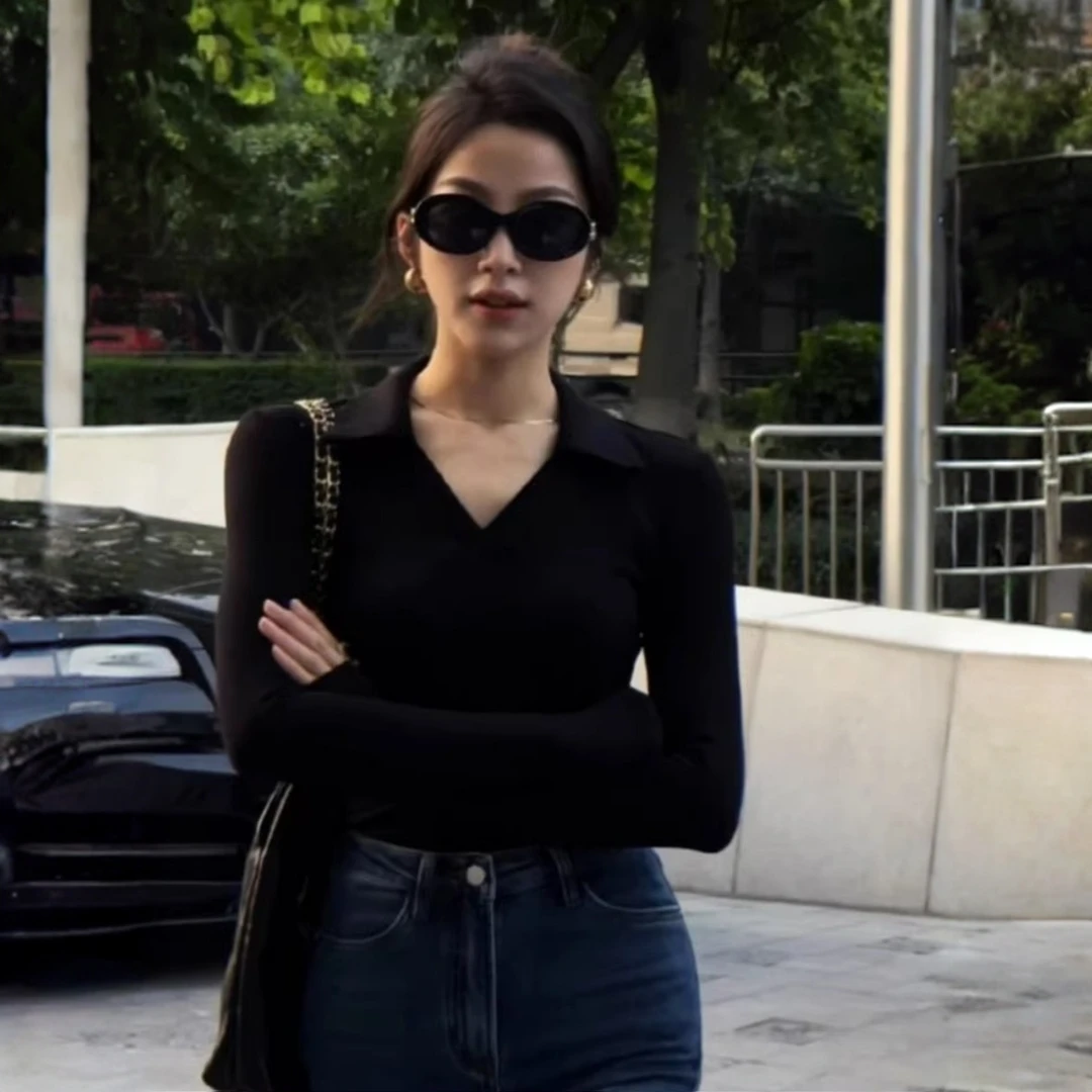 高级感polo领长袖修身螺纹打底衫内搭秋冬新款别致法式紧身上衣女