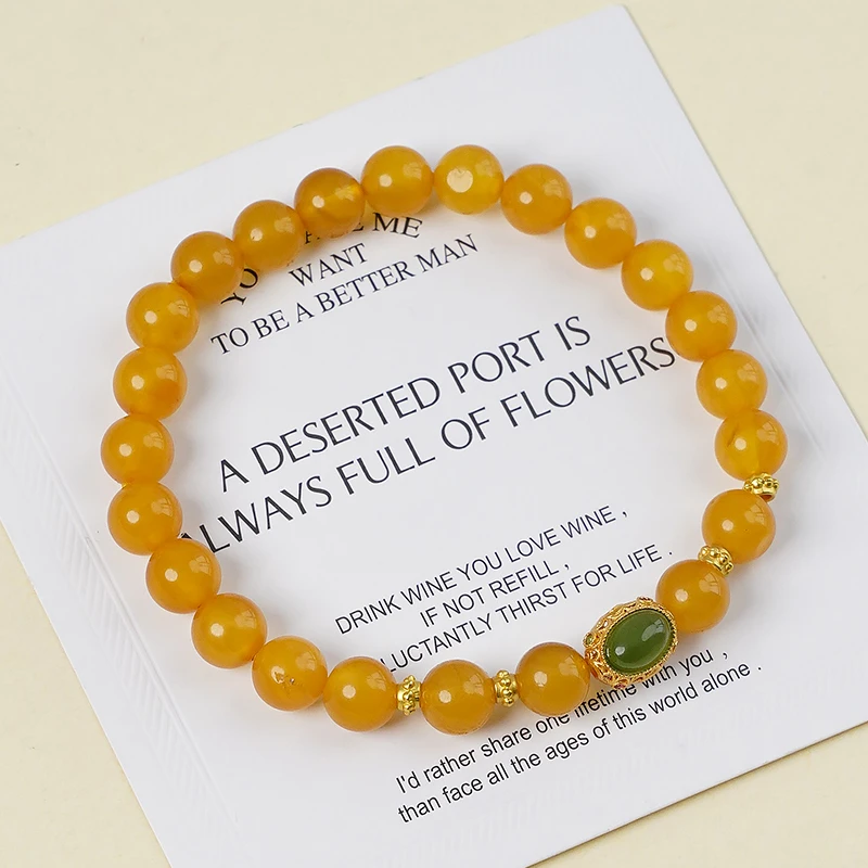 高品质鸡油黄蜜蜡搭配和田玉碧玉单圈气质风手链 多样性发一-8930