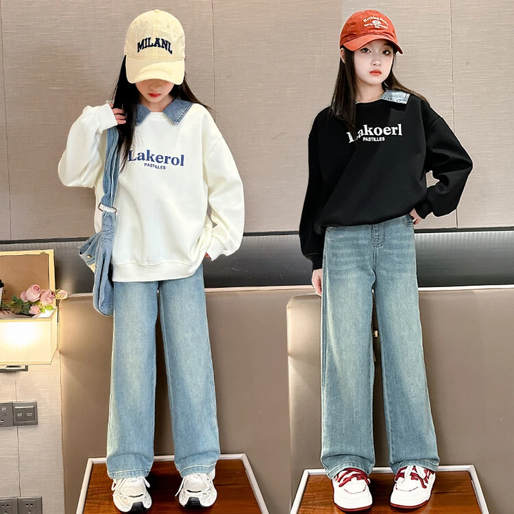 女童春秋套装儿童洋气休闲阔腿牛仔裤宽松卫衣中大童韩版时尚女孩