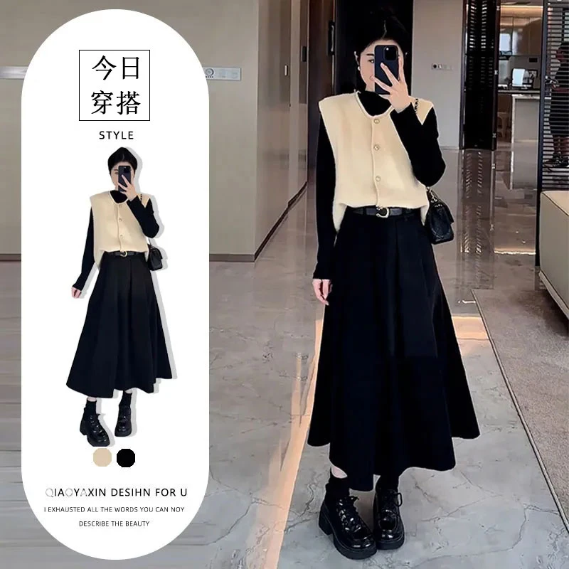 深秋初冬高级感穿搭一整套针织马甲连衣裙子女春秋季2025新款长裙