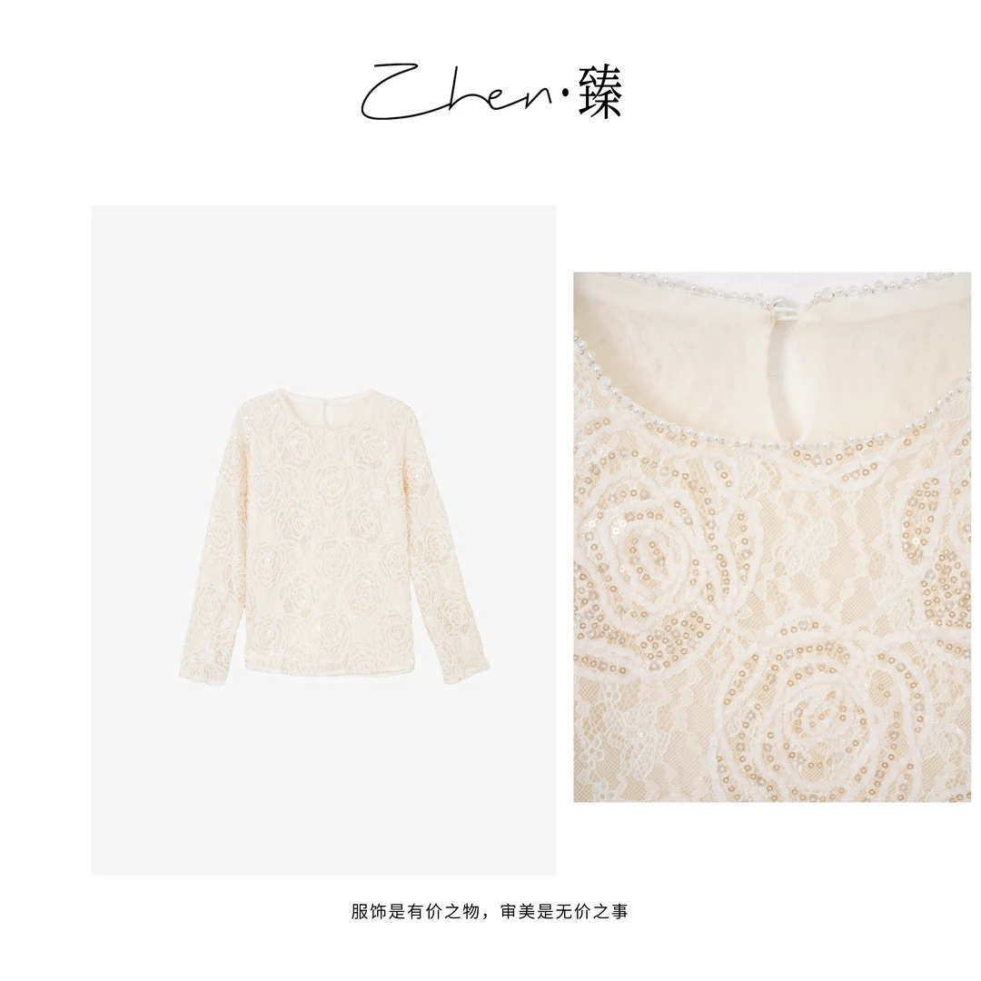 ZHEN.臻  重工手工钉珠亮片玫瑰花刺绣网纱长袖衬衣CS7651Z