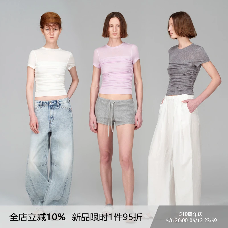 SMIIILE白色天丝绵羊毛垂坠感短袖女t恤夏抽褶收腰显瘦气质上衣