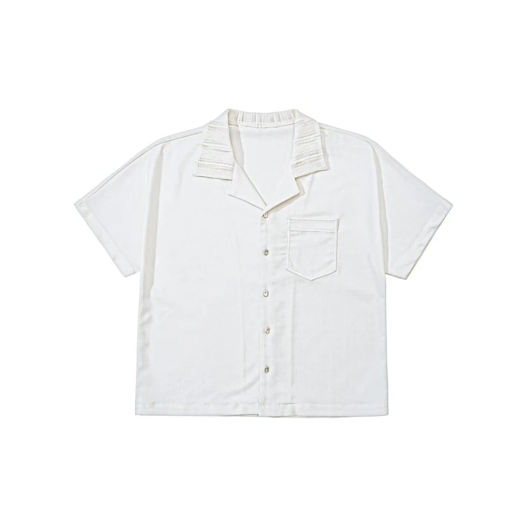 FDM 「wave」260g慵懒编织肌理感 金属豆刺绣古巴领麻感短袖衬衫