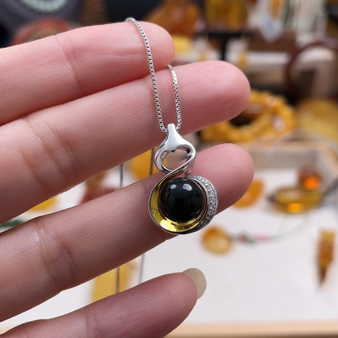 蓝珀银S925镶嵌珠宝奇石珠9