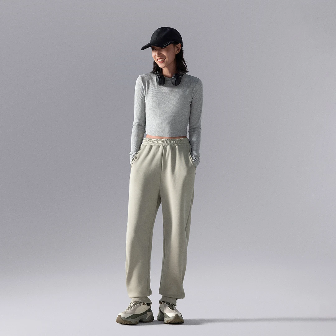 李宁户外CF溯女款休闲抽绳束脚直筒宽松灰色卫裤运动长裤AKLUB58