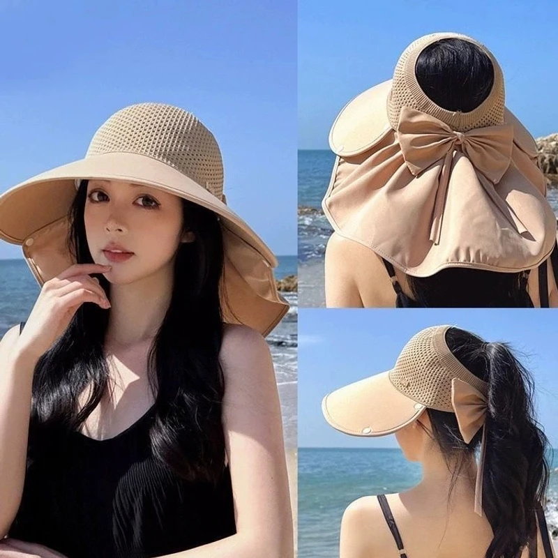 夏季遮阳帽女空顶防晒帽大檐护脖披肩太阳帽时尚百搭显脸小渔夫帽