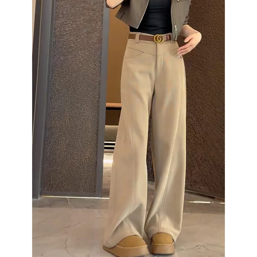 卡其色裤子女秋冬2025新款今年流行爆款加厚保暖直筒休闲阔腿长裤