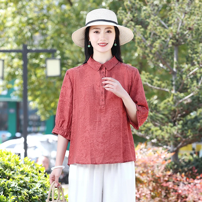 2025新款衬衫领套头洋气时尚妈妈装宽松显瘦中袖小衫上衣