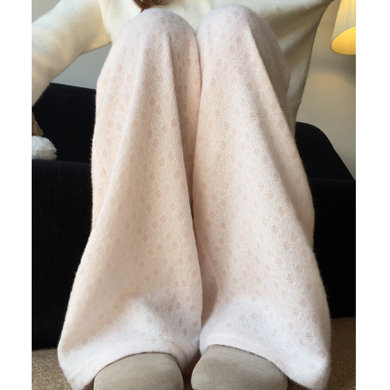 粉色豹纹糯米裤女秋季2025新款垂感显瘦小个子温柔软糯针织阔腿裤