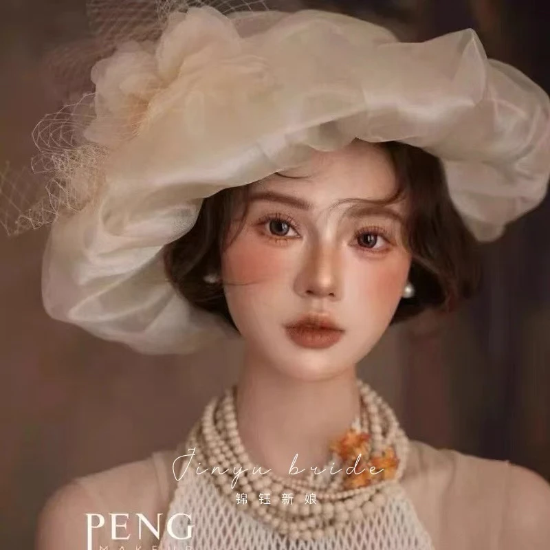 锦钰2025新品优雅法式仙美纱花礼帽外景写真旅拍礼服新娘造型帽子