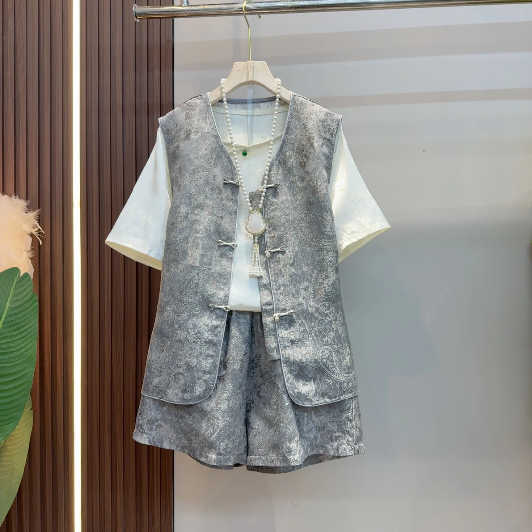 唐装圆领法式短裤短袖中国风时尚套装新中式短款通勤风复古