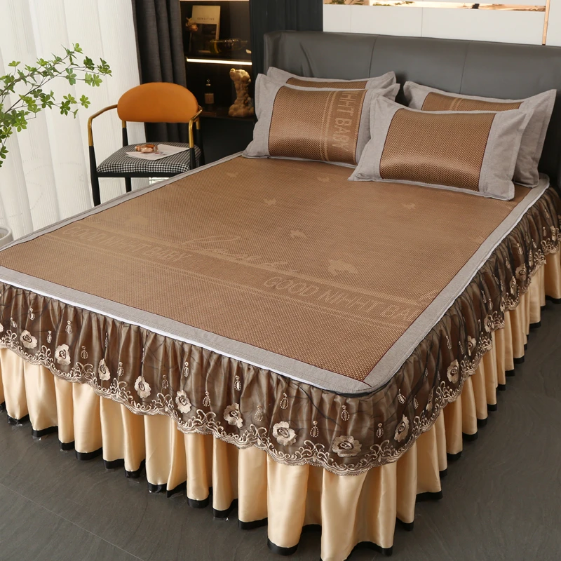 可夏季藤席席子软席欧式三件套脱卸凉席空调床裙蕾丝可折叠冰丝席