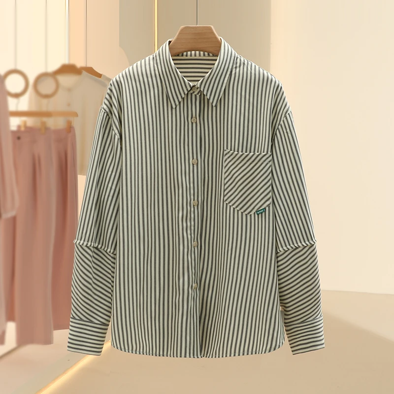 【佐】奈●韩版宽松条纹翻领时尚衬衫2025年春专柜撤柜女装