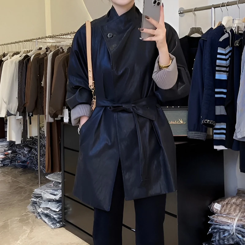 甜酷时髦立领格纹拼接皮衣绑带外套女2025春秋季新款气质减龄风衣