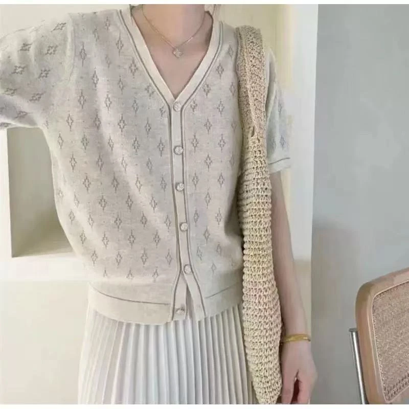 小香风V领开衫外套短款外搭高级金丝针织短袖857