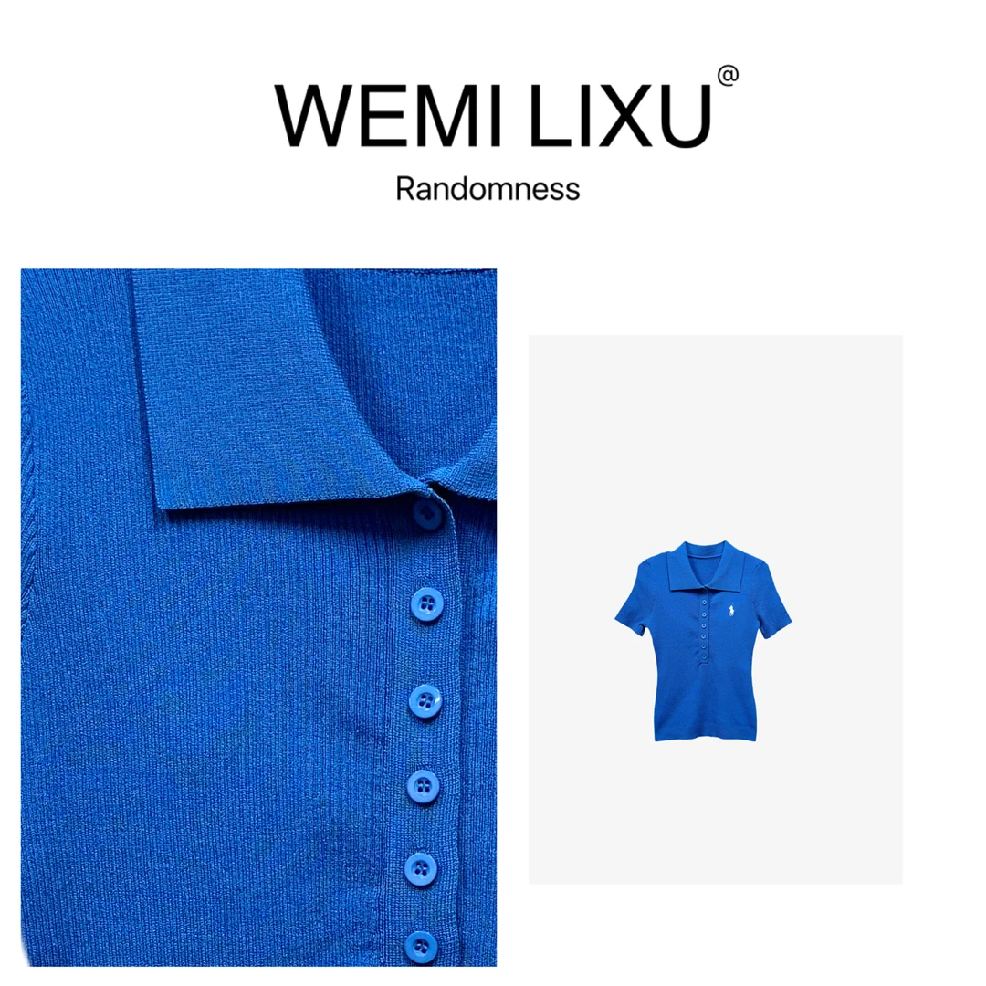 WEMI LIXU“加州蓝”初夏时尚百搭绣标翻领女装修身短袖针织衫1102