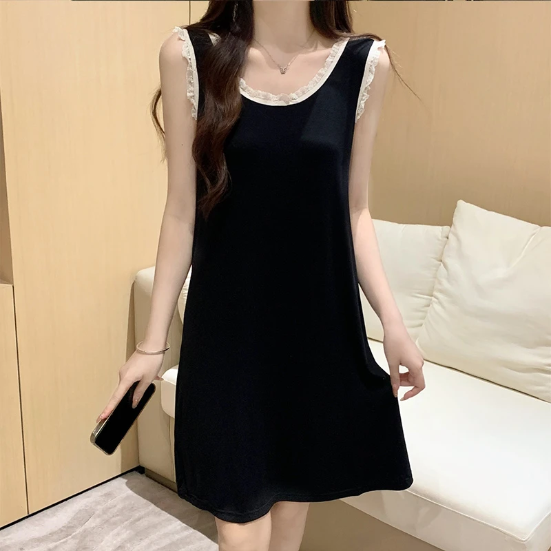 吊带睡裙女款夏季莫代尔新款女士夏装带胸垫性感蕾丝黑色背心睡衣