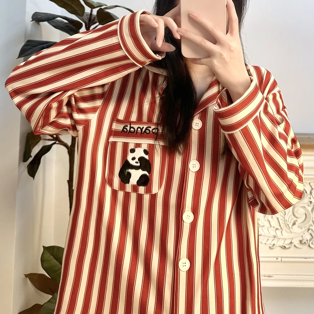 【安可拉红熊猫】司睿秋冬保暖情侣可外穿条纹撞色睡衣家居服套装