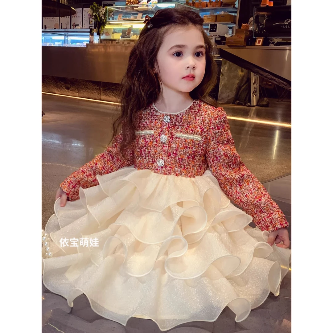 女童小香风公主裙冬装2025新款儿童韩版蓬蓬纱连衣裙小女孩蛋糕裙