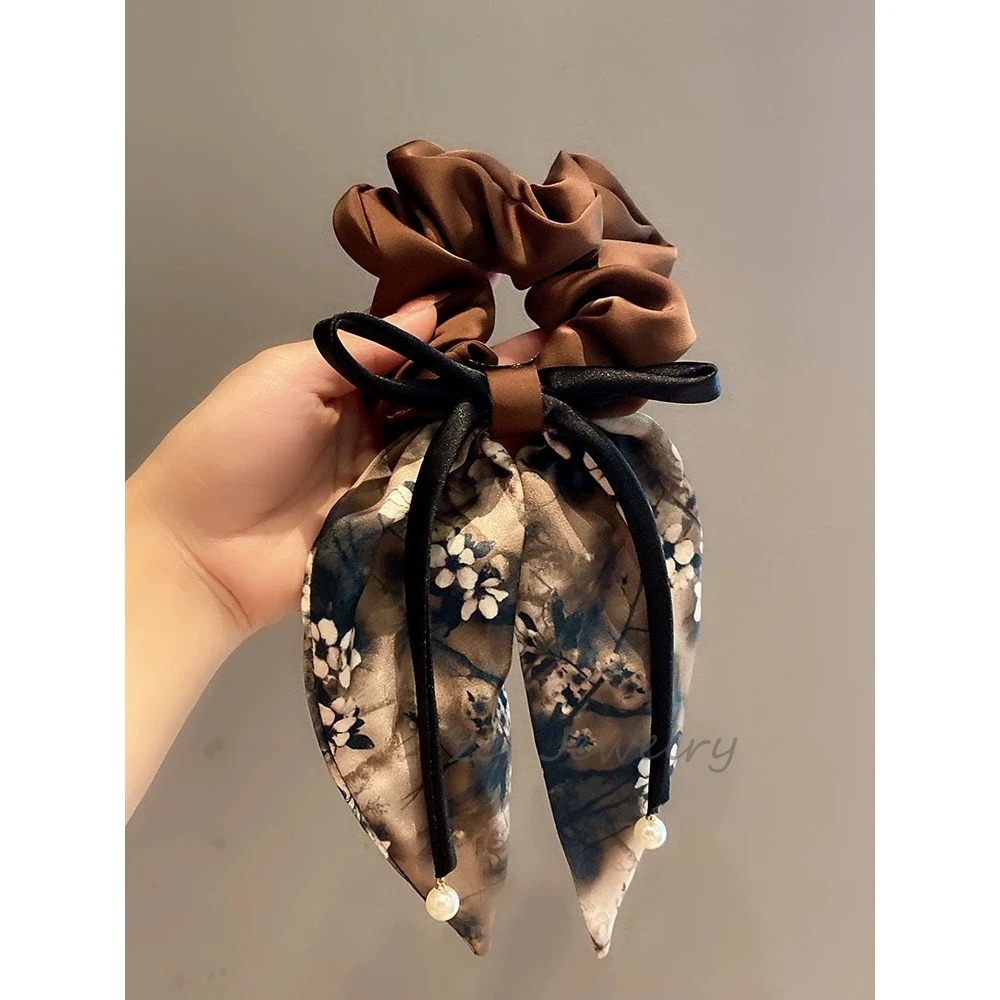 A新中式印花大肠发圈女气质蝴蝶结飘带头绳高级感缎面发绳1603