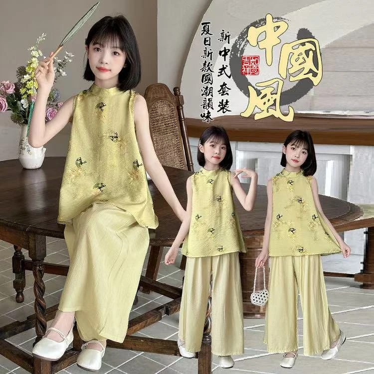 女童汉服套装国风中式儿童唐装夏款2025新款女大童无袖阔腿两件套