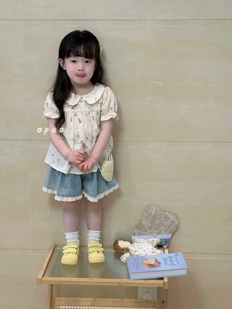 【opao】25夏女童杏色泡泡袖可爱风娃娃衫上衣