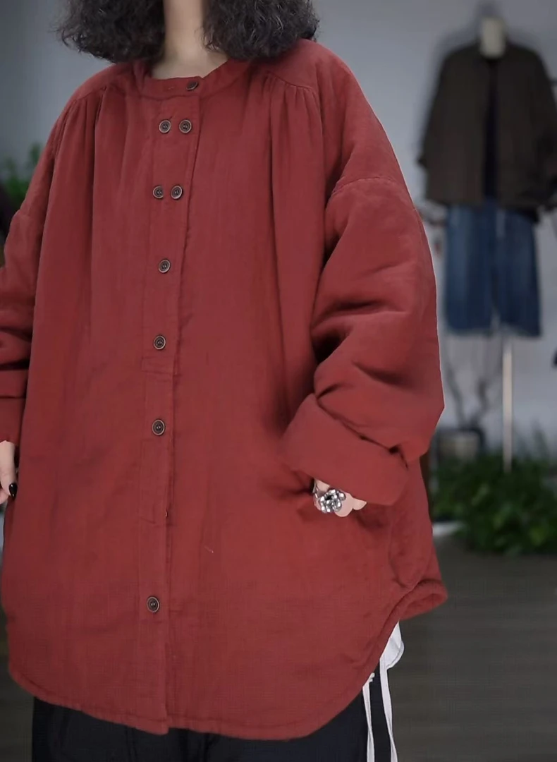 【若汐女装】欧版宽松休闲百搭设计款特色双排扣双纱棉麻衬衫25010