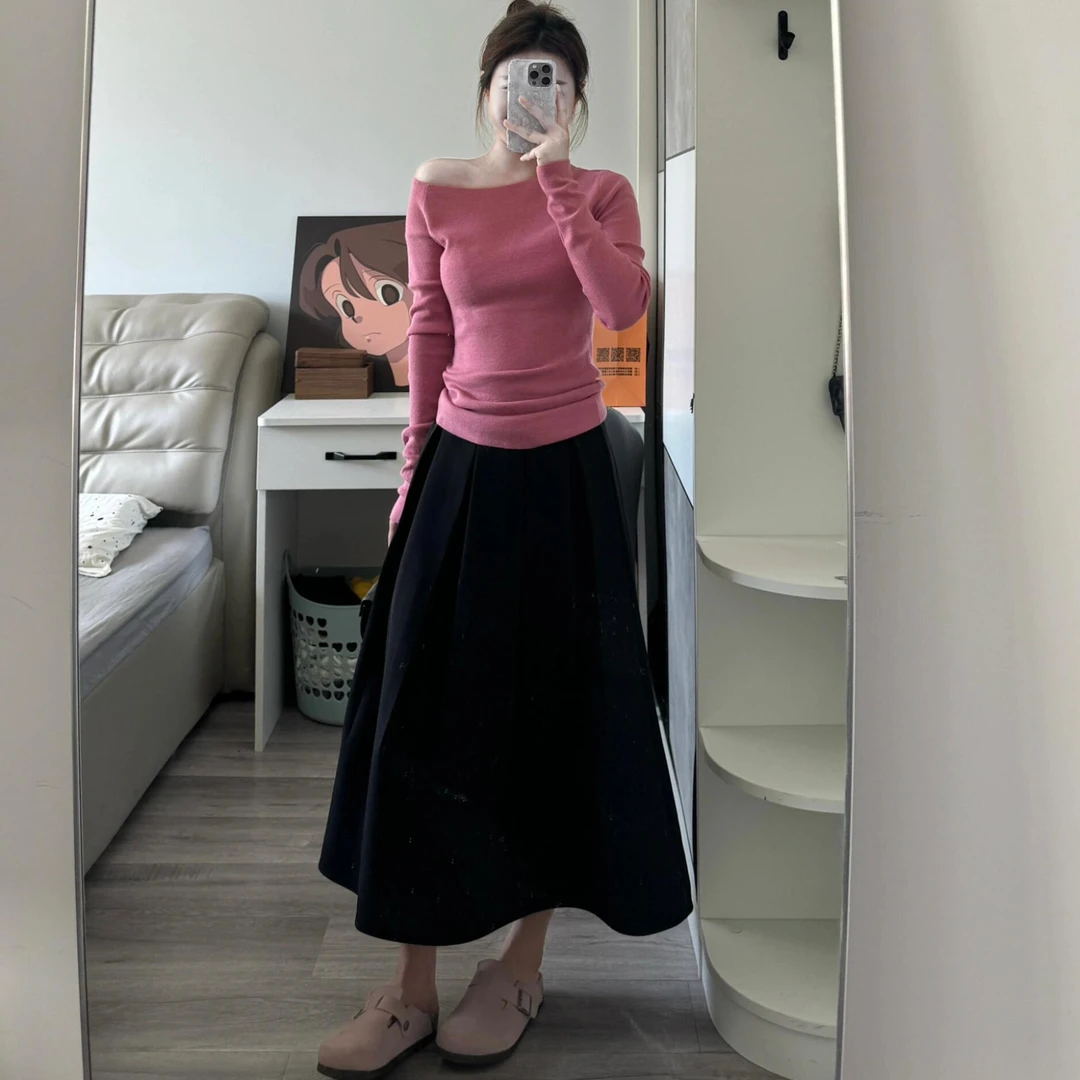 博主推荐~漂亮温柔一字肩针织衫女2025秋季新款修身显瘦气质上衣