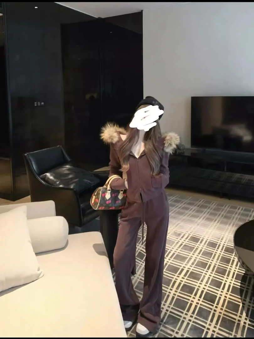 胖x 美式复古微胖大码双拉链毛领连帽加绒外套68501/裤子68502