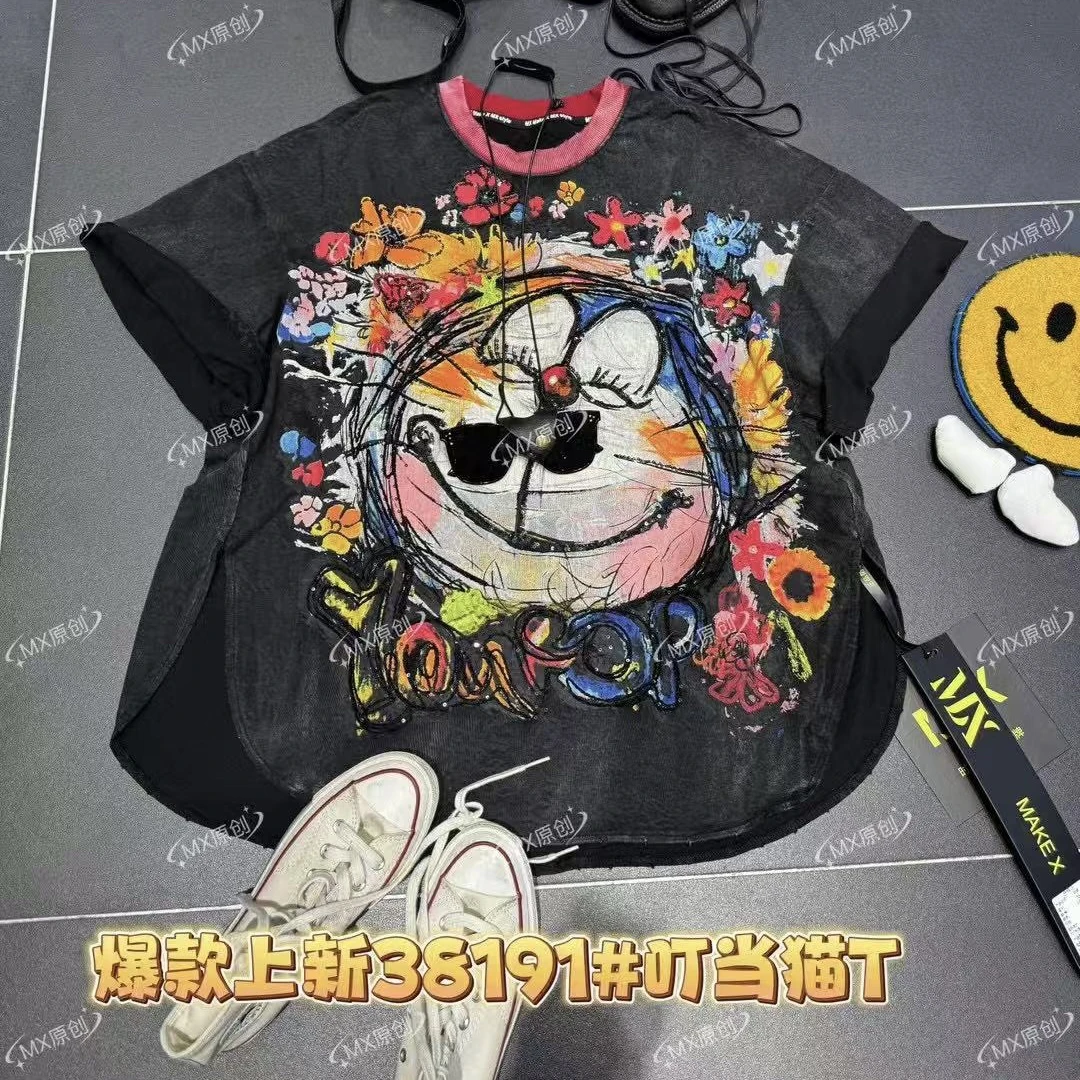 【582】秋季新款重工潮牌叮当猫中长款T恤时尚百搭韩版休闲女同款