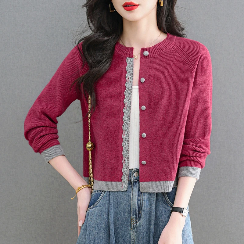 女毛衣外套2025秋冬新款高腰圆领时尚针织开衫短款显瘦修身外搭洋