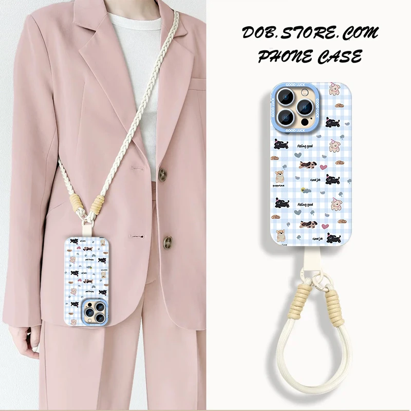 可爱格纹小狗适用iPhone16手机壳15promax苹果131214斜挎挂绳XR女
