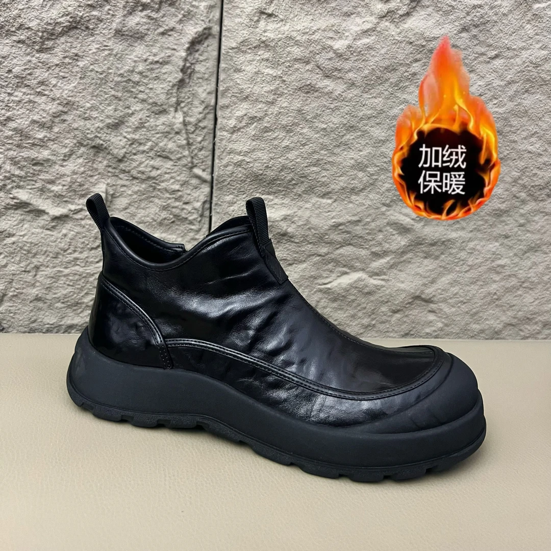 【头层牛皮】2838百搭男士休闲鞋侧拉链软底耐磨短靴加绒保暖棉鞋