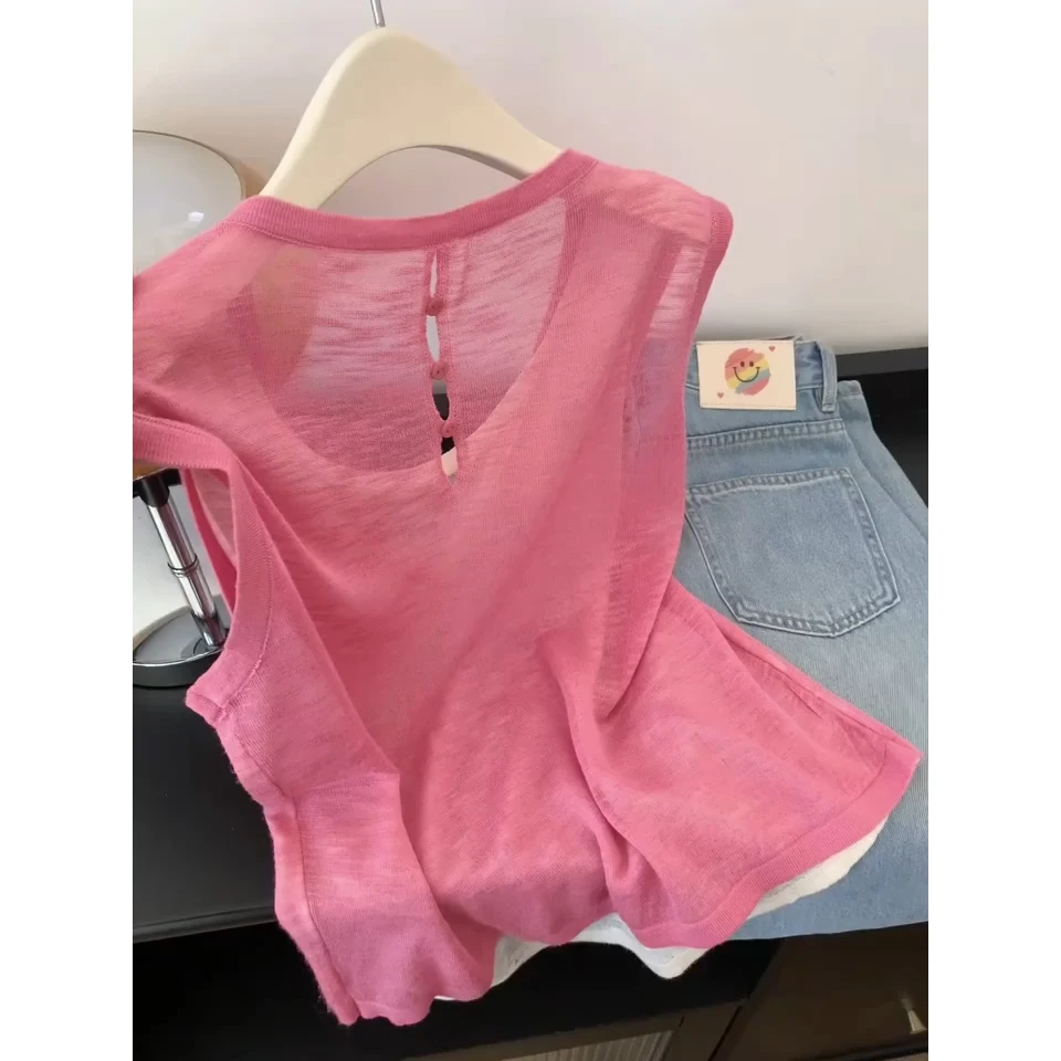今年流行漂亮别致独特高级感上衣减龄树莓粉色假两件背心T恤女夏