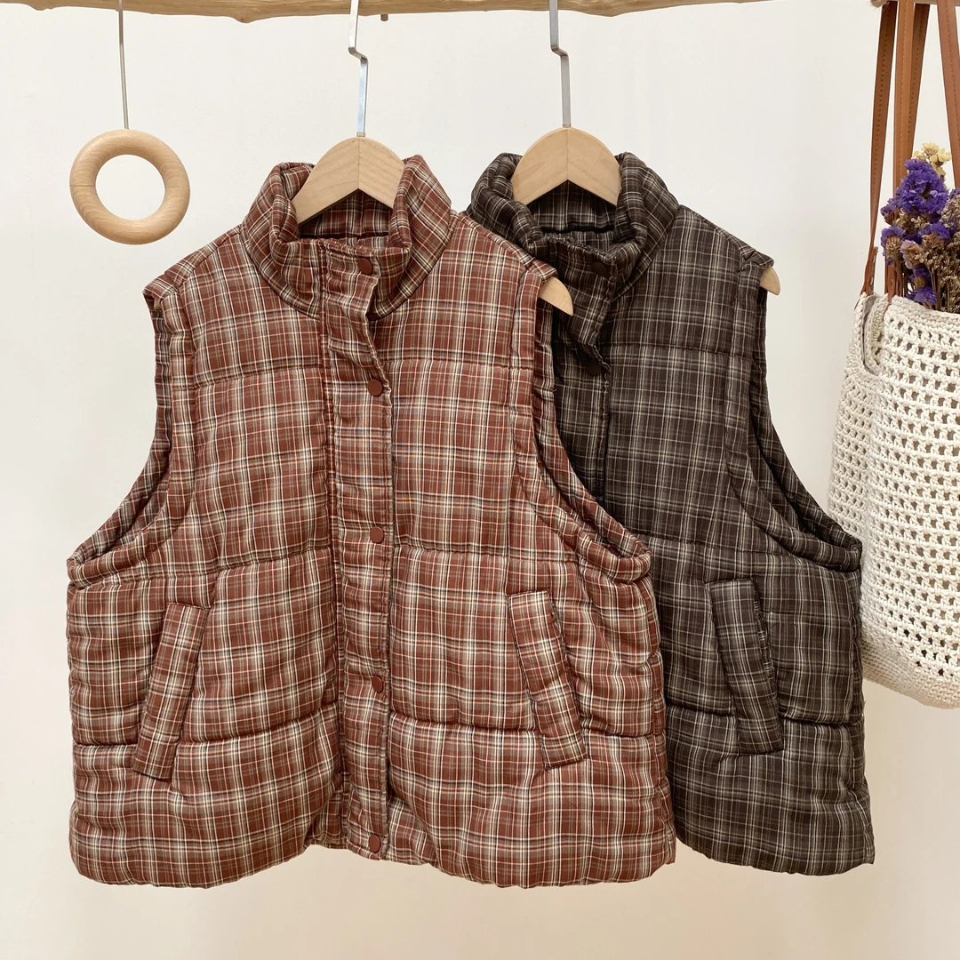 【拉链立领厚款格子背心马甲】4578