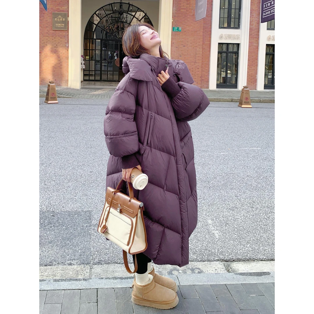 优衣厍紫色泡芙感长款连帽羽绒服女2025冬新款宽松保暖90白鸭绒加