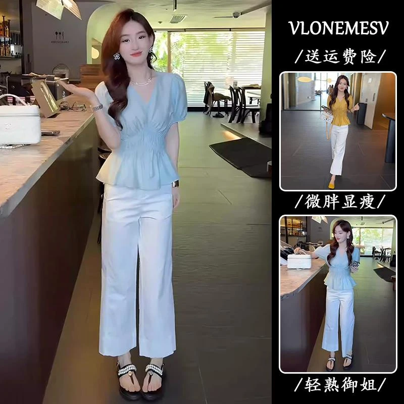 2025超火夏装一整套法式甜美减龄收腰V领短袖衬衫+九分裤两件套装