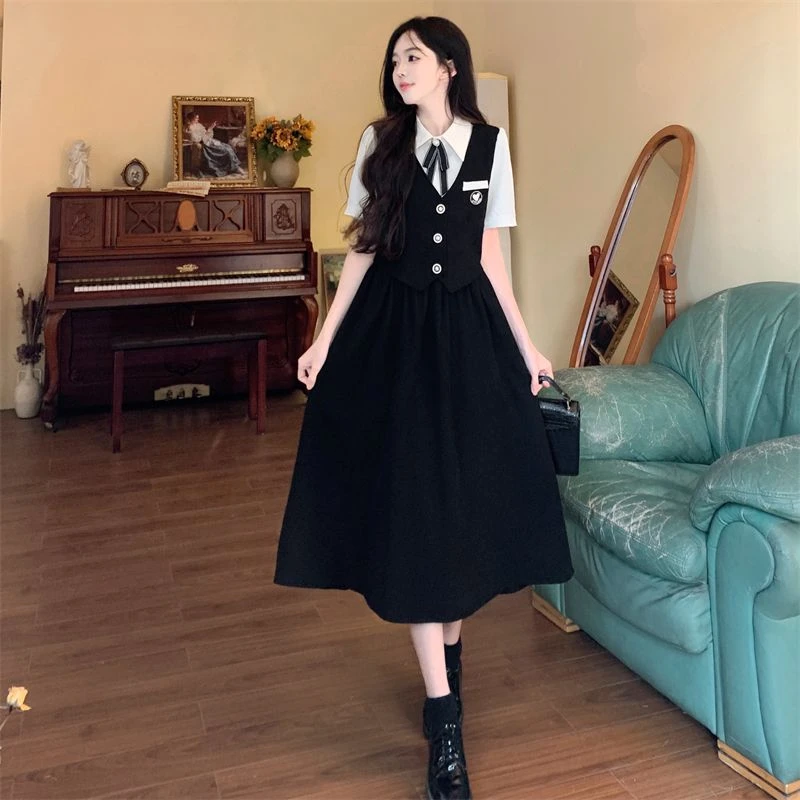 学院风淑女短袖针织拼接假两件连衣裙夏季新款表演走秀冰爽丝长裙