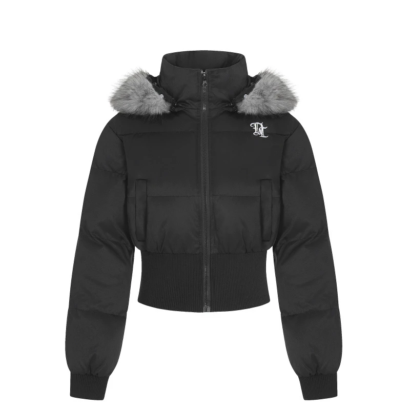 欧美时尚女士可拆卸毛领棉衣短外套辣妹修身收腰高领保暖棉服连帽