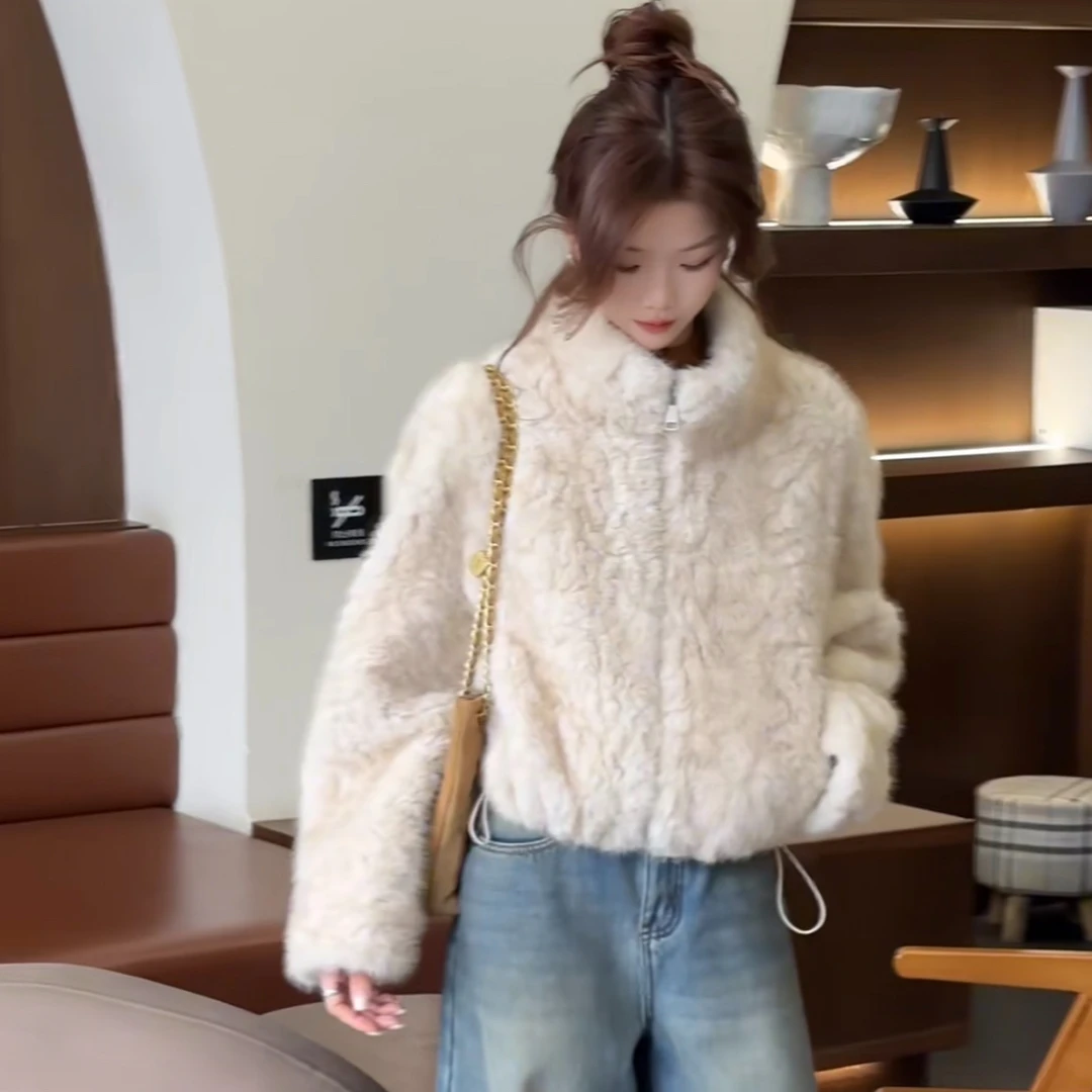 韩系立领毛毛短外套女装2025冬季小个子时尚超好看加厚保暖上衣
