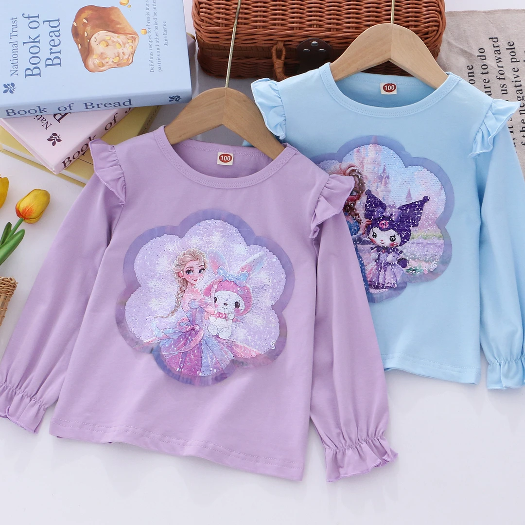 女童长袖衣服儿童变色亮片长袖T恤女宝宝秋季新款卡通亮片洋气t恤